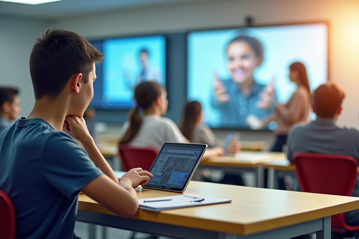 Une salle de classe moderne avec des étudiants utilisant des tablettes et un enseignant sur un écran pour un cours hybride.